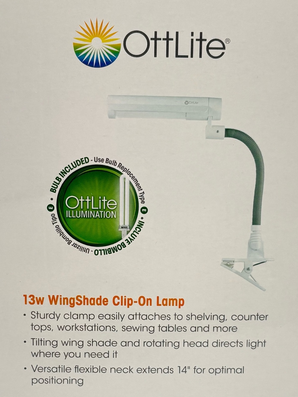 OTTLITE 13W Wing Shade Clip-on Table Lamp with Bulb NIB - Picture 4 of 7